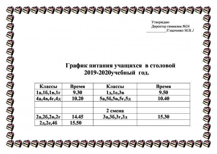 График питания учащихся  в столовой 2019-2020 учебный  год.