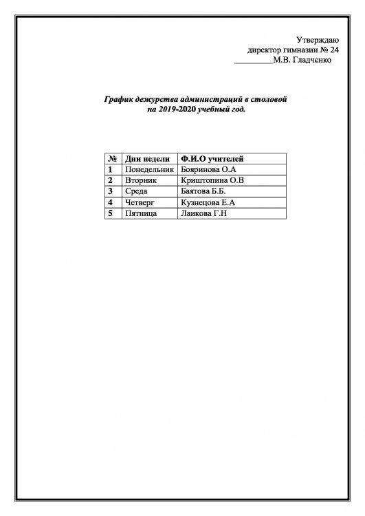 График дежурства администраций в столовой  на 2019-2020 учебный год