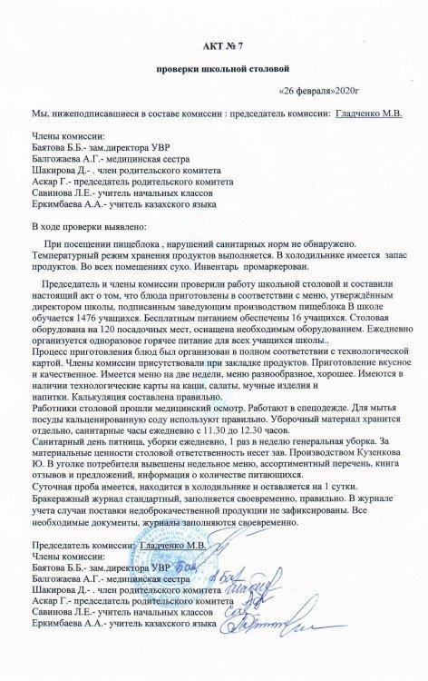 Акт проверки школьной столовой